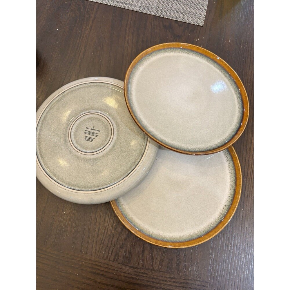 Yellowstone YS Kayce Salad Plate Set of 3 Stoneware 8.5” Cream Brown Rim Western